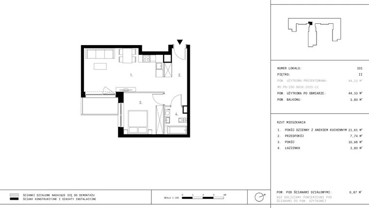 Rzut - Mieszkanie na sprzedaż 2 pokoje o powierzchni 44,91 m² - numer 2.A17 w Staszica 3