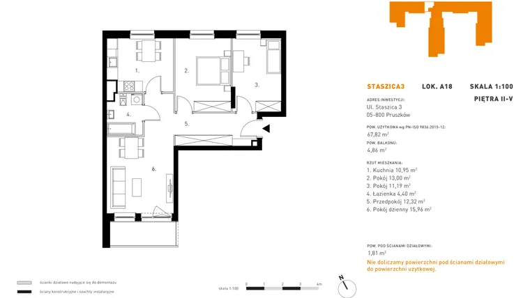 Rzut - Mieszkanie na sprzedaż 4 pokoje o powierzchni 67,82 m² - numer 4.A18 w Staszica 3