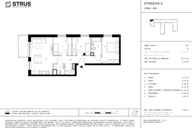 Rzut - Mieszkanie na sprzedaż 4 pokoje o powierzchni 69,75 m² - numer 2.A26 w Staszica 3