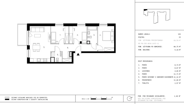Rzut - Mieszkanie na sprzedaż 4 pokoje o powierzchni 69,75 m² - numer 2.A26 w Staszica 3