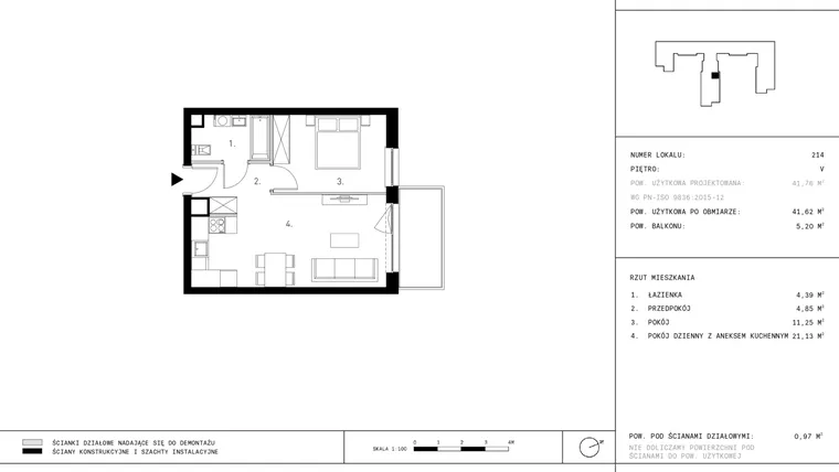 Rzut - Mieszkanie na sprzedaż 2 pokoje o powierzchni 41,62 m² - numer 5.A33 w Staszica 3