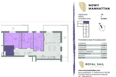 Rzut - Mieszkanie na sprzedaż 4 pokoje o powierzchni 76,72 m² - numer B.M.1.8 w Nowy Manhattan
