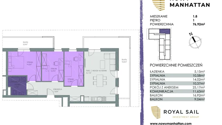 Rzut - Mieszkanie na sprzedaż 4 pokoje o powierzchni 76,72 m² - numer B.M.1.8 w Nowy Manhattan