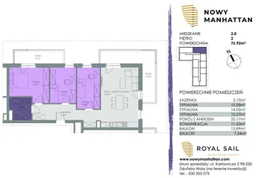 Rzut - Mieszkanie na sprzedaż 4 pokoje o powierzchni 76,82 m² - numer B.M.2.8 w Nowy Manhattan
