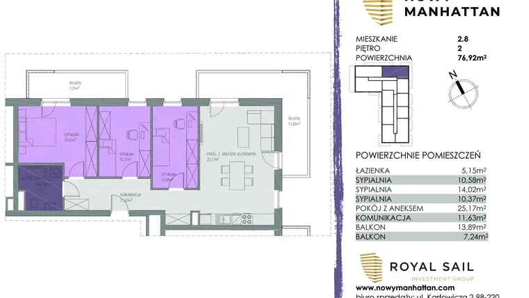 Rzut - Mieszkanie na sprzedaż 4 pokoje o powierzchni 76,82 m² - numer B.M.2.8 w Nowy Manhattan