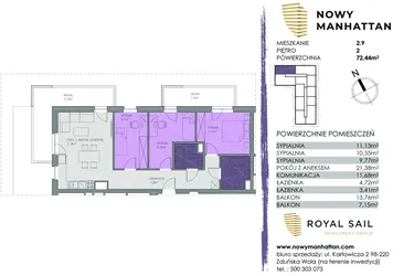 Rzut - Mieszkanie na sprzedaż 4 pokoje o powierzchni 72,23 m² - numer B.M.2.9 w Nowy Manhattan