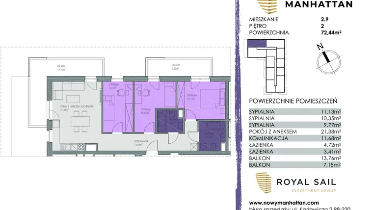 Rzut - Mieszkanie na sprzedaż 4 pokoje o powierzchni 72,23 m² - numer B.M.2.9 w Nowy Manhattan