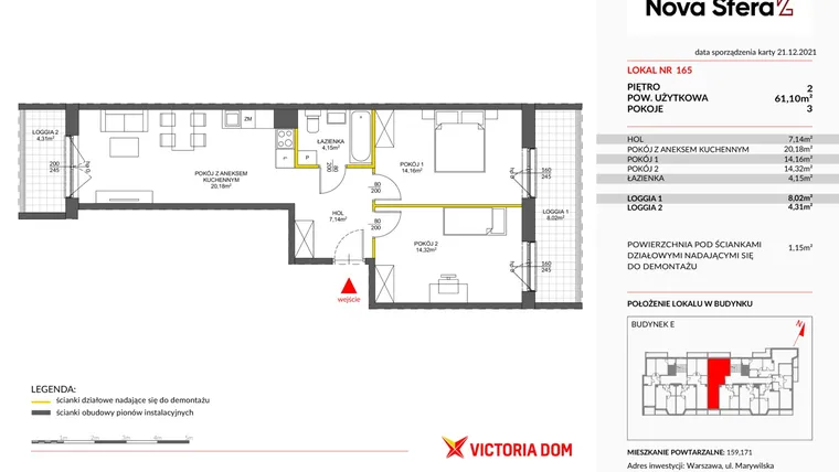 Rzut - Mieszkanie na sprzedaż 3 pokoje o powierzchni 60,86 m² - numer 2.165 w Miasteczko Nova Sfera