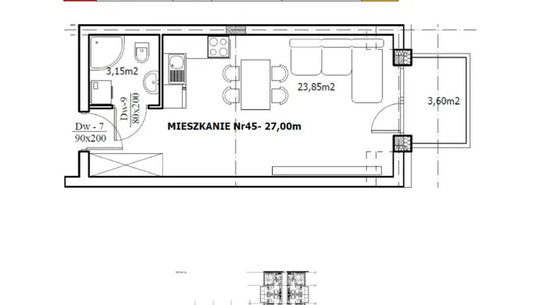 Rzut - Mieszkanie na sprzedaż 1 pokój o powierzchni 25,44 m² - numer 45 w Miasteczko Na Szlaku Kultur, etap II