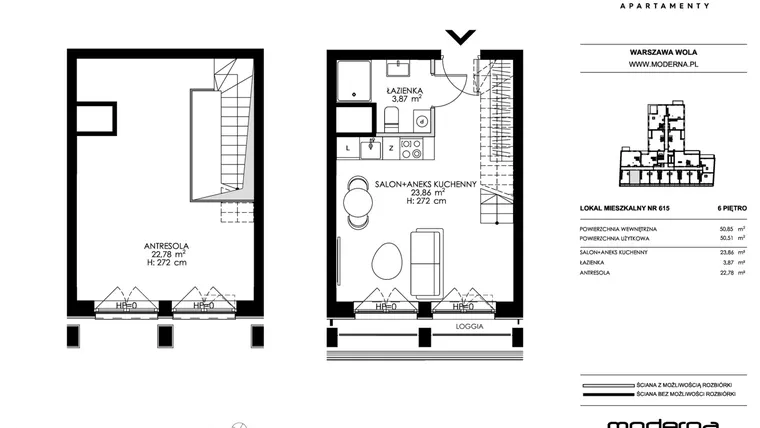 Rzut - Mieszkanie na sprzedaż 2 pokoje o powierzchni 50,51 m² - numer 615 w Chronos