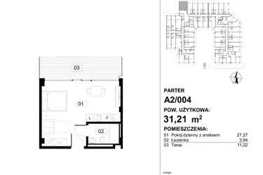 Rzut - Mieszkanie na sprzedaż 1 pokój o powierzchni 31,21 m² - numer 004 w Apollo Resort