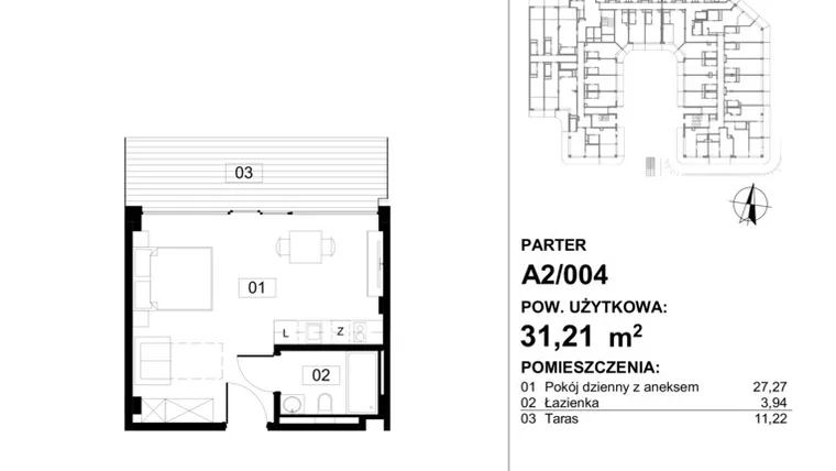 Rzut - Mieszkanie na sprzedaż 1 pokój o powierzchni 31,21 m² - numer 004 w Apollo Resort