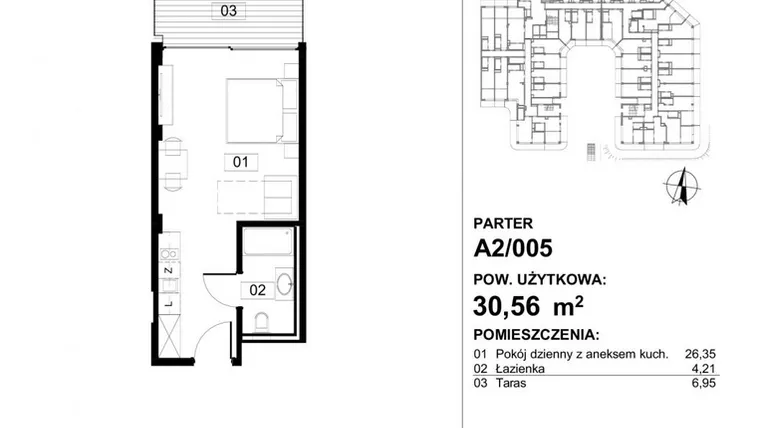 Rzut - Mieszkanie na sprzedaż 1 pokój o powierzchni 30,56 m² - numer 005 w Apollo Resort