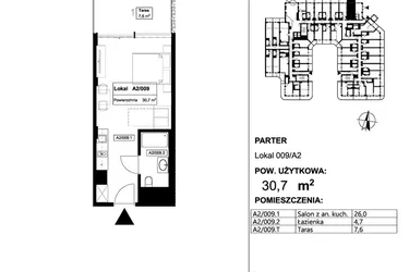 Rzut - Mieszkanie na sprzedaż 1 pokój o powierzchni 30,7 m² - numer 009 w Apollo Resort