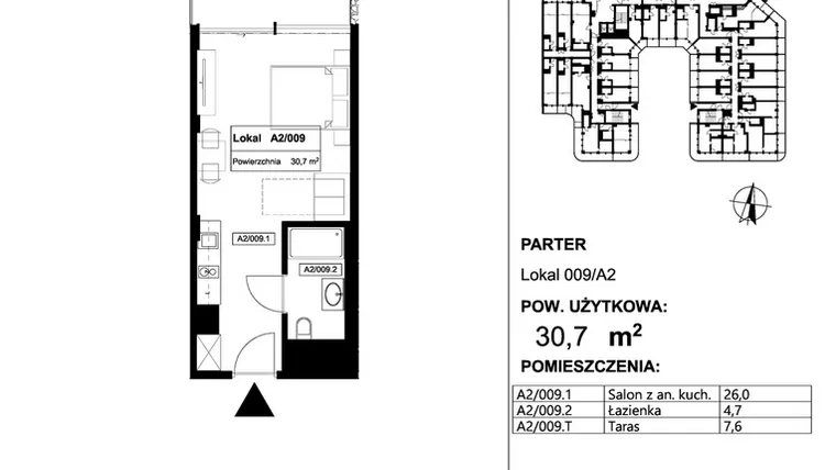 Rzut - Mieszkanie na sprzedaż 1 pokój o powierzchni 30,7 m² - numer 009 w Apollo Resort