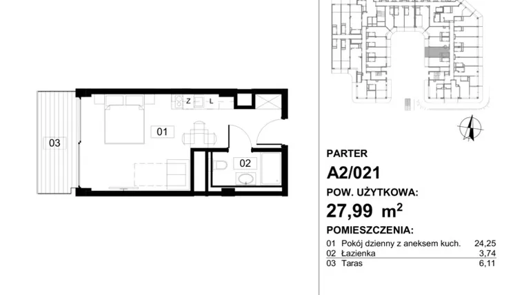 Rzut - Mieszkanie na sprzedaż 1 pokój o powierzchni 29,3 m² - numer 021 w Apollo Resort