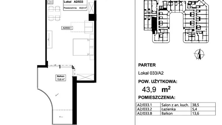 Rzut - Mieszkanie na sprzedaż 1 pokój o powierzchni 43,9 m² - numer 033 w Apollo Resort
