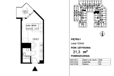 Rzut - Mieszkanie na sprzedaż 1 pokój o powierzchni 31,3 m² - numer 123 w Apollo Resort