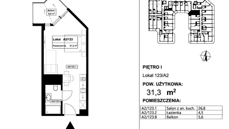 Rzut - Mieszkanie na sprzedaż 1 pokój o powierzchni 31,3 m² - numer 123 w Apollo Resort