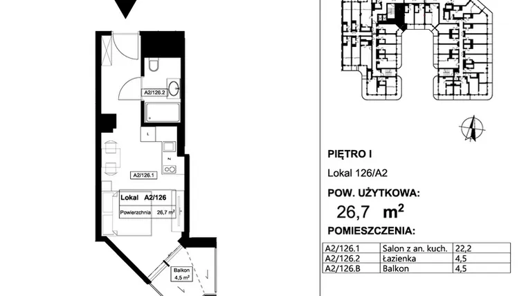 Rzut - Mieszkanie na sprzedaż 1 pokój o powierzchni 26,7 m² - numer 126 w Apollo Resort