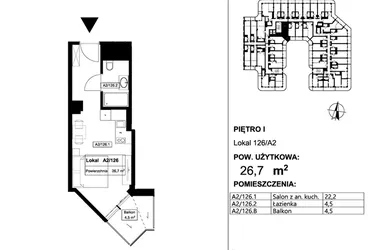 Rzut - Mieszkanie na sprzedaż 1 pokój o powierzchni 26,7 m² - numer 126 w Apollo Resort