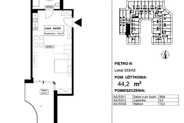 Rzut - Mieszkanie na sprzedaż 1 pokój o powierzchni 44,2 m² - numer 333 w Apollo Resort