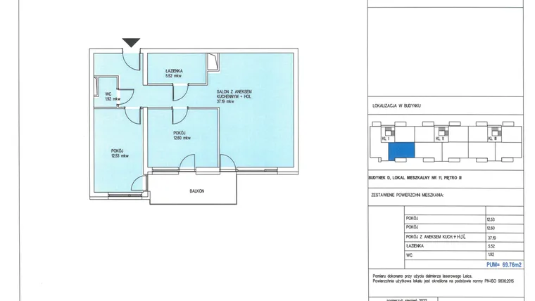 Rzut - Mieszkanie na sprzedaż 3 pokoje o powierzchni 69,76 m² - numer D.11 w Wólczańska 248