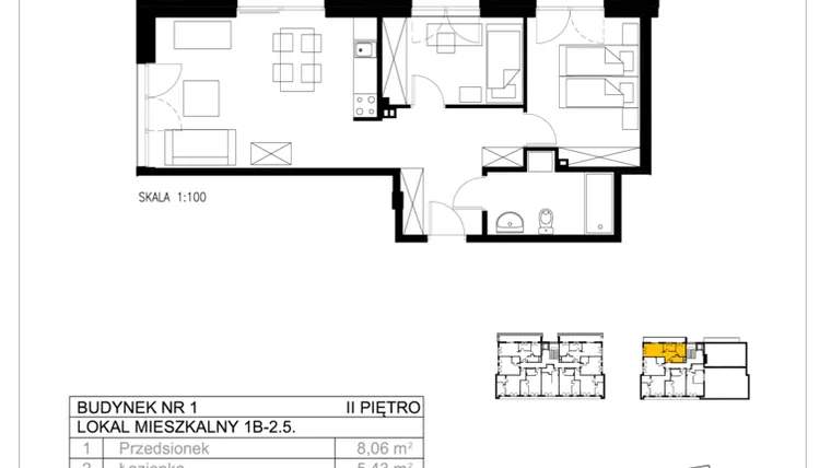Rzut - Mieszkanie na sprzedaż 3 pokoje o powierzchni 53,41 m² - numer 1B-2.5 w Gardenia Pogodno