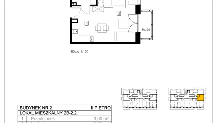 Rzut - Mieszkanie na sprzedaż 1 pokój o powierzchni 31,55 m² - numer 2B-2.2 w Gardenia Pogodno