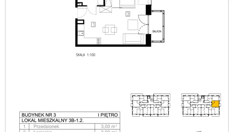 Rzut - Mieszkanie na sprzedaż 1 pokój o powierzchni 31,57 m² - numer 3B-1.2 w Gardenia Pogodno