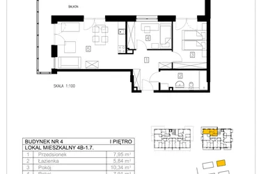 Rzut - Mieszkanie na sprzedaż 3 pokoje o powierzchni 53,4 m² - numer 4B-1.7 w Gardenia Pogodno