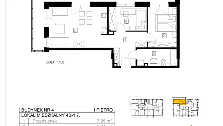Rzut - Mieszkanie na sprzedaż 3 pokoje o powierzchni 53,4 m² - numer 4B-1.7 w Gardenia Pogodno