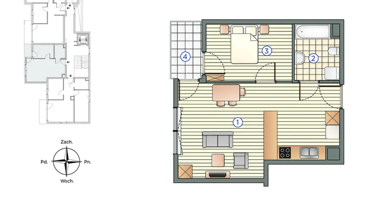 Rzut - Mieszkanie na sprzedaż 2 pokoje o powierzchni 38,38 m² - numer 6 w Pychowicka 27
