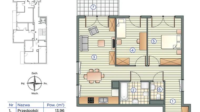 Rzut - Mieszkanie na sprzedaż 3 pokoje o powierzchni 62,08 m² - numer 12 w Pychowicka 27