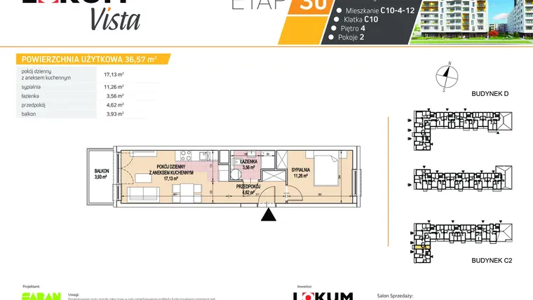 Rzut - Mieszkanie na sprzedaż 2 pokoje o powierzchni 36,57 m² - numer C10-4-12 w Lokum Vista etap IIIb