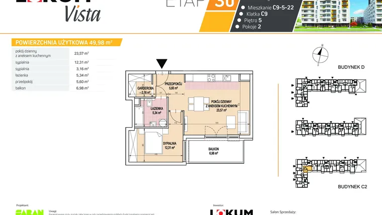 Rzut - Mieszkanie na sprzedaż 2 pokoje o powierzchni 50,19 m² - numer C9-5-22 w Lokum Vista etap IIIb