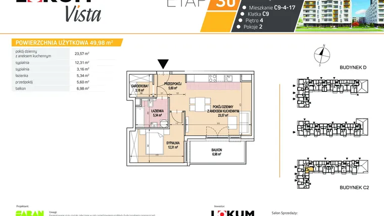 Rzut - Mieszkanie na sprzedaż 2 pokoje o powierzchni 49,98 m² - numer C9-4-17 w Lokum Vista etap IIIb