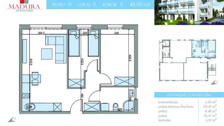 Rzut - Mieszkanie na sprzedaż 3 pokoje o powierzchni 49,05 m² - numer 2 w Rewal ul. Pelikana