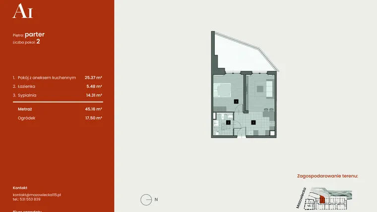 Rzut - Mieszkanie na sprzedaż 2 pokoje o powierzchni 45,16 m² - numer A1 w Mazowiecka 115