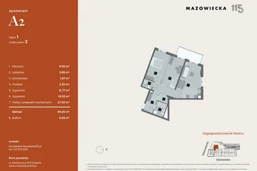 Rzut - Mieszkanie na sprzedaż 3 pokoje o powierzchni 69,25 m² - numer A2 w Mazowiecka 115