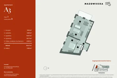 Rzut - Mieszkanie na sprzedaż 3 pokoje o powierzchni 63,27 m² - numer A3 w Mazowiecka 115