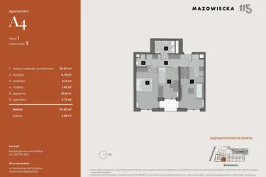 Rzut - Mieszkanie na sprzedaż 3 pokoje o powierzchni 56,4 m² - numer A4 w Mazowiecka 115