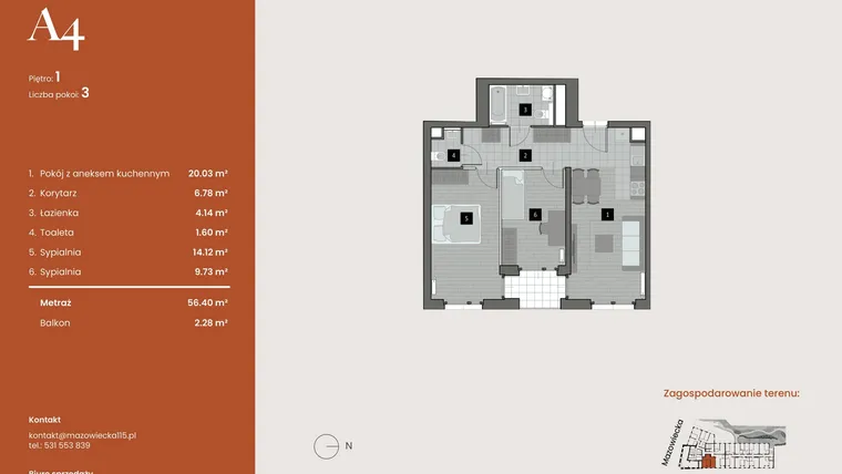 Rzut - Mieszkanie na sprzedaż 3 pokoje o powierzchni 56,4 m² - numer A4 w Mazowiecka 115