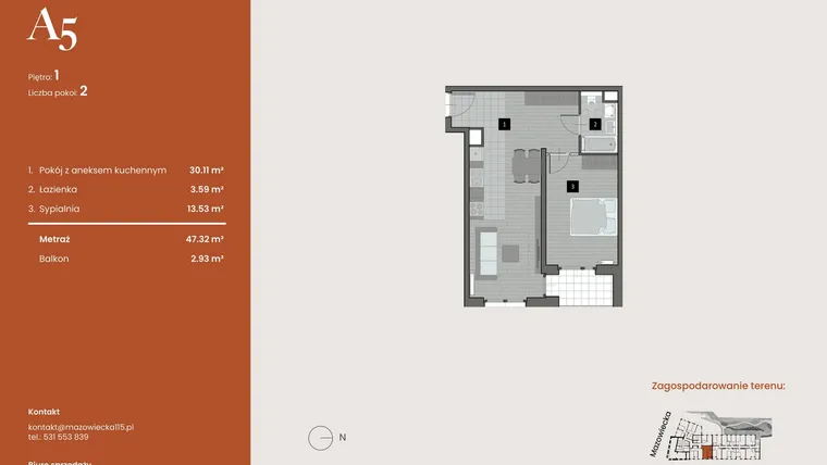 Rzut - Mieszkanie na sprzedaż 2 pokoje o powierzchni 47,32 m² - numer A5 w Mazowiecka 115