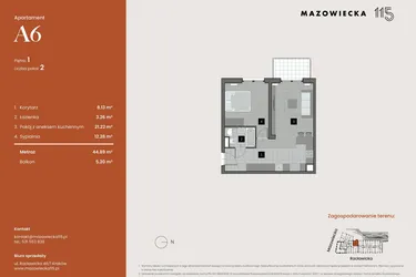 Rzut - Mieszkanie na sprzedaż 2 pokoje o powierzchni 44,89 m² - numer A6 w Mazowiecka 115