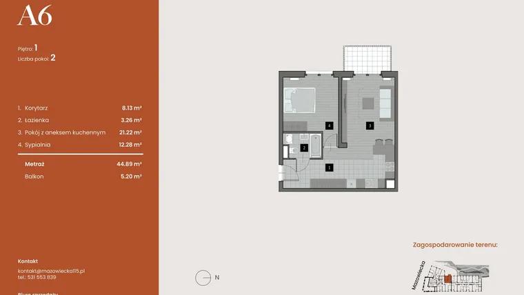 Rzut - Mieszkanie na sprzedaż 2 pokoje o powierzchni 44,89 m² - numer A6 w Mazowiecka 115