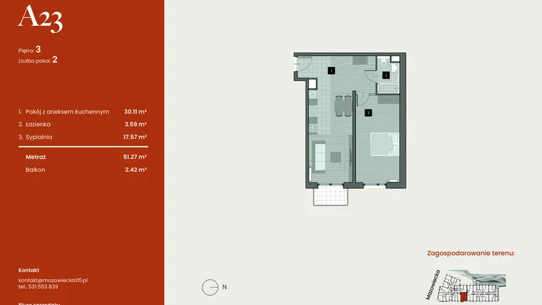 Rzut - Mieszkanie na sprzedaż 2 pokoje o powierzchni 51,27 m² - numer A23 w Mazowiecka 115