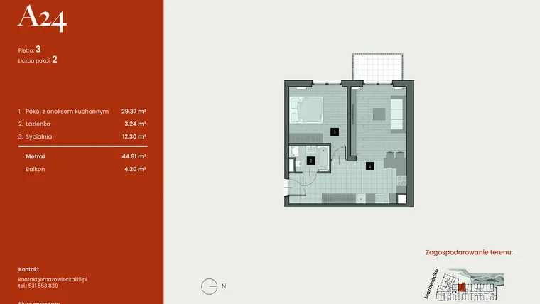Rzut - Mieszkanie na sprzedaż 2 pokoje o powierzchni 44,91 m² - numer A24 w Mazowiecka 115