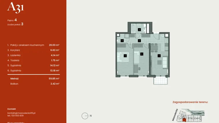 Rzut - Mieszkanie na sprzedaż 3 pokoje o powierzchni 59,85 m² - numer A31 w Mazowiecka 115