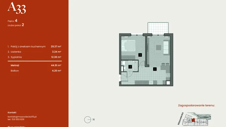 Rzut - Mieszkanie na sprzedaż 2 pokoje o powierzchni 44,91 m² - numer A33 w Mazowiecka 115